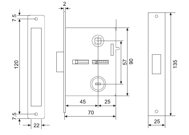 HD-57-45不銹鋼日式鎖鎖體 尺寸圖